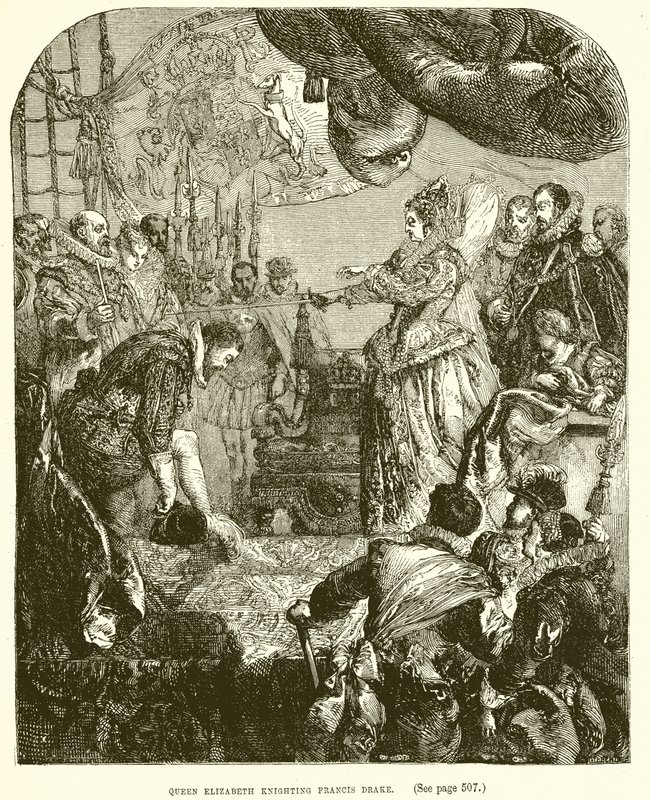 La Reina Isabel nombrando caballero a Francis Drake de English School