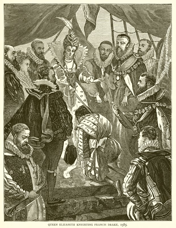 La reina Isabel nombrando caballero a Francis Drake, 1585 de English School