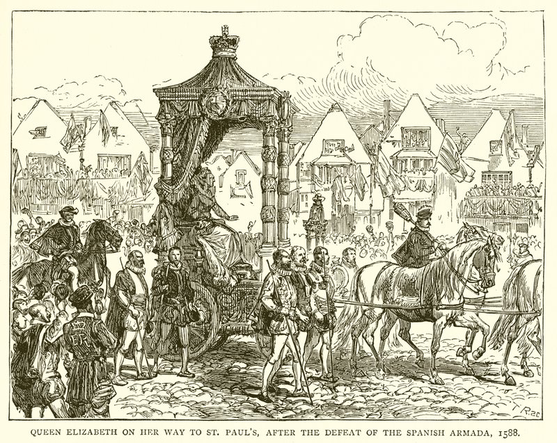 La Reina Isabel camino a San Pablo, después de la derrota de la Armada Española, 1588 de English School