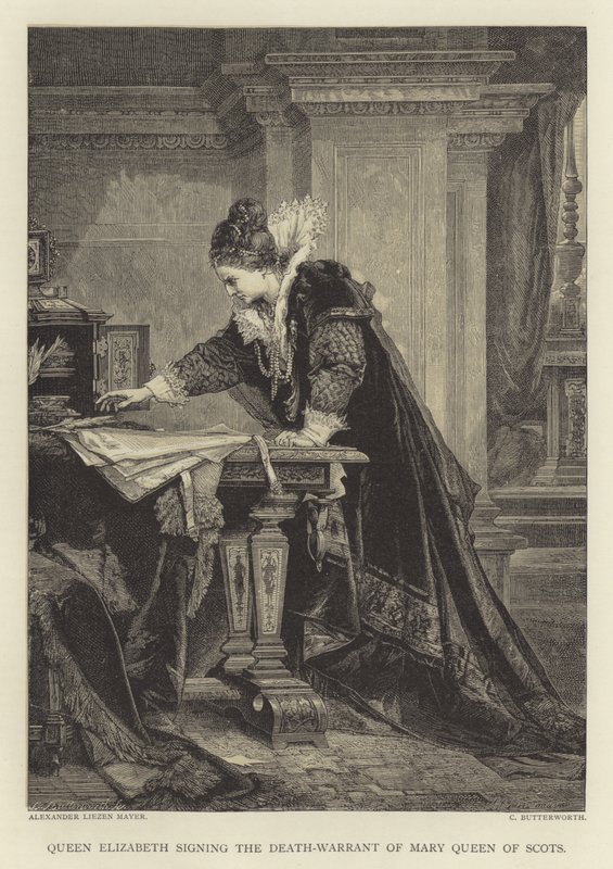 La reina Isabel firmando la orden de ejecución de María Reina de Escocia de English School