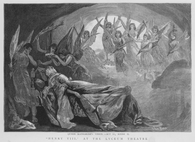 Visión de la Reina Catalina, escena de una producción de Enrique VIII de Shakespeare en el Teatro Lyceum, Londres de English School