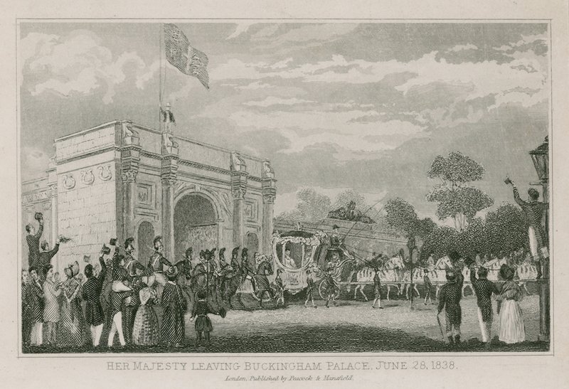 La Reina Victoria saliendo del Palacio de Buckingham, 28 de junio de 1838 de English School