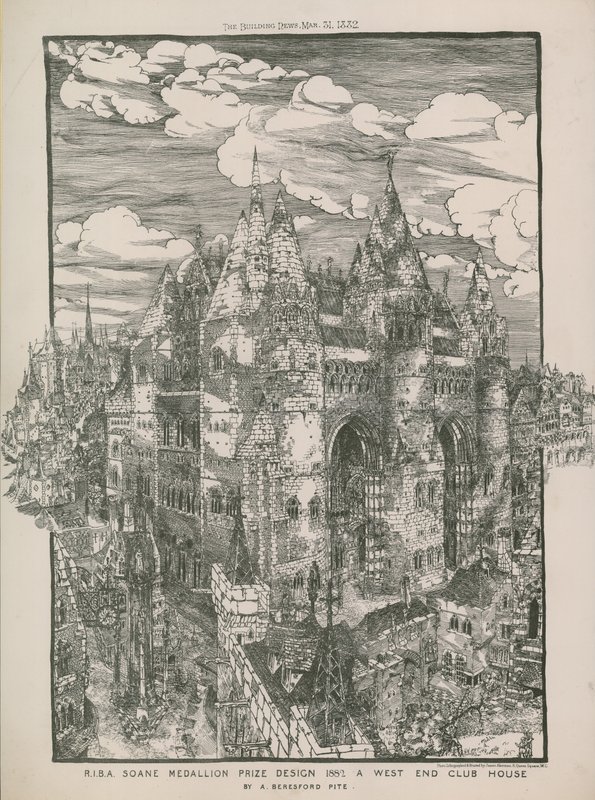 Diseño del premio Medallón Soane de RIBA 1882 - Un club de West End por A Beresford Pite de English School