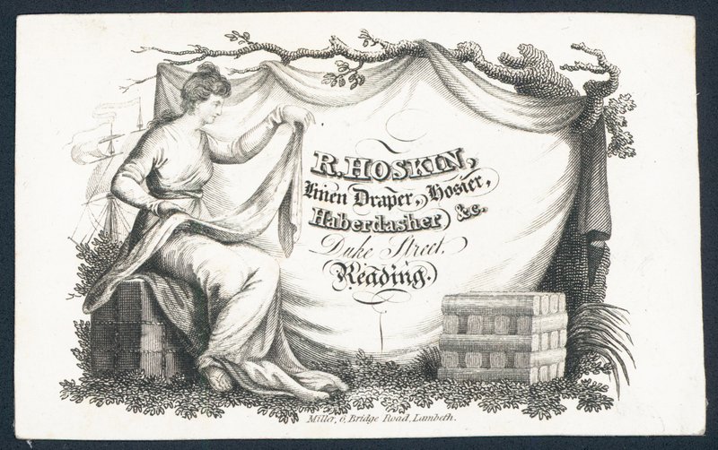 Tarjeta comercial de R Hoskin, vendedor de telas, calcetero, mercero de English School