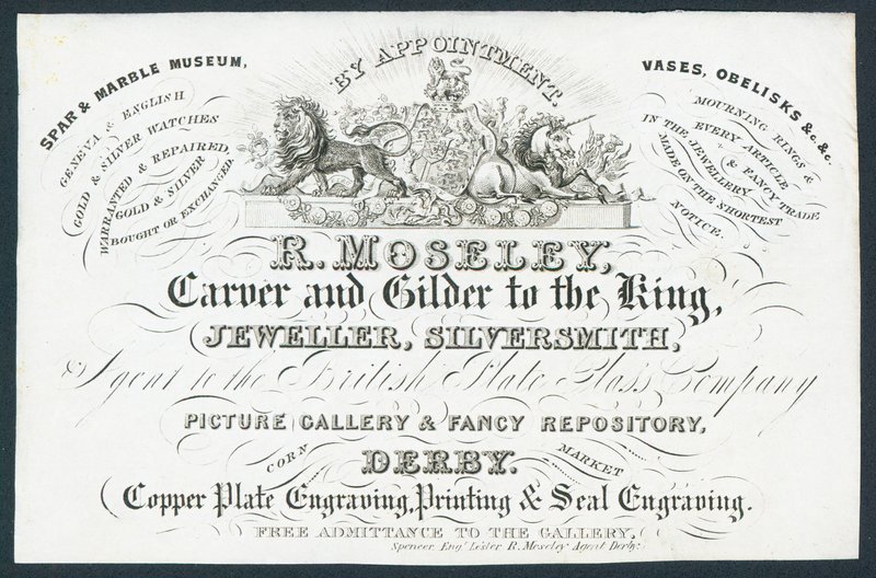 R Moseley, tallador y dorador del rey, tarjeta comercial de English School