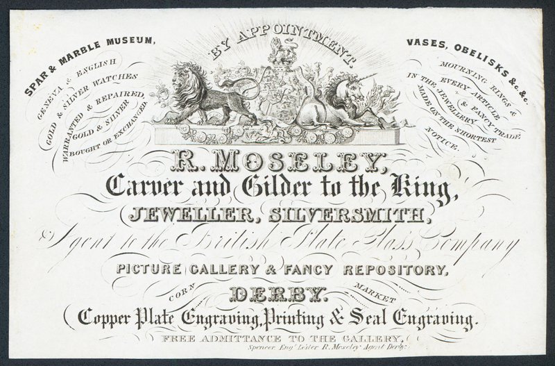 R Moseley, tallador y dorador del rey, tarjeta comercial de English School