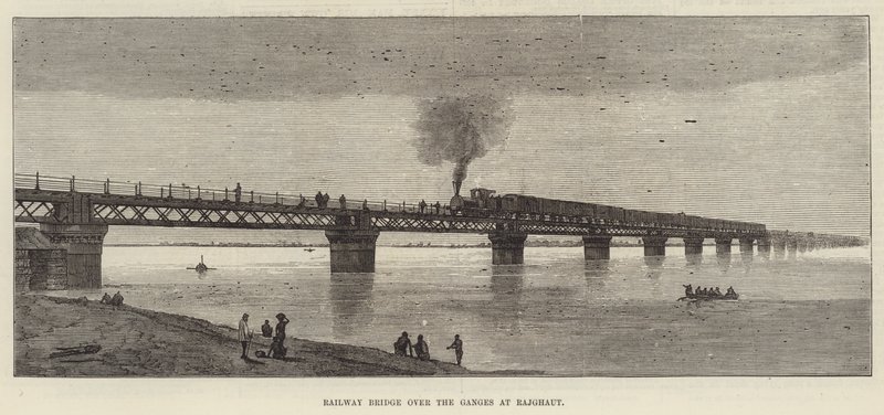 Puente Ferroviario sobre el Ganges en Rajghaut (grabado) de English School