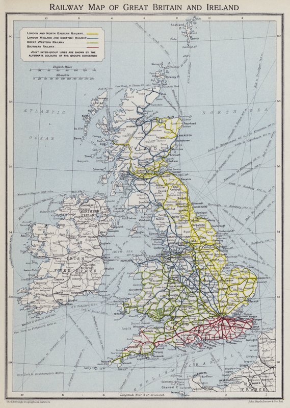 Mapa ferroviario de Gran Bretaña e Irlanda (litografía en color) de English School