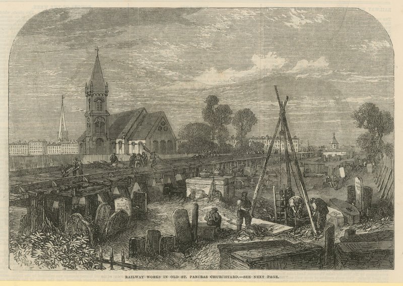 Obras ferroviarias en el cementerio de Old St Pancras (grabado) de English School