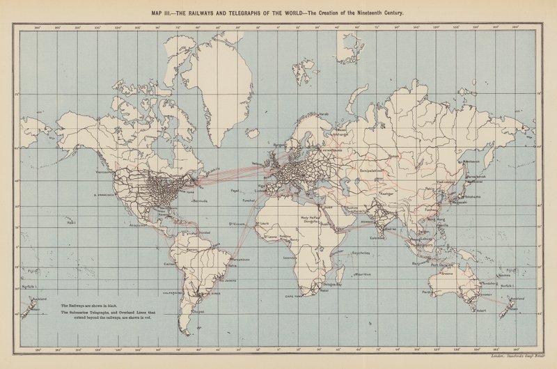 Ferrocarriles y telégrafos del mundo, la creación del siglo XIX (litografía en color) de English School
