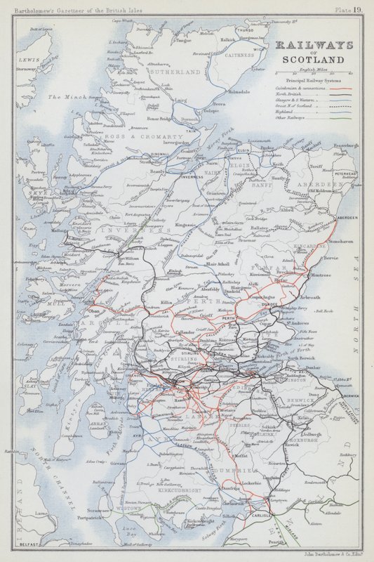 Ferrocarriles de Escocia (litografía en color) de English School
