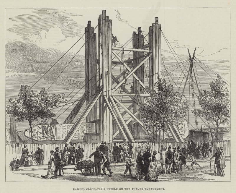 Levantando la Aguja de Cleopatra en el Embankment del Támesis (grabado) de English School