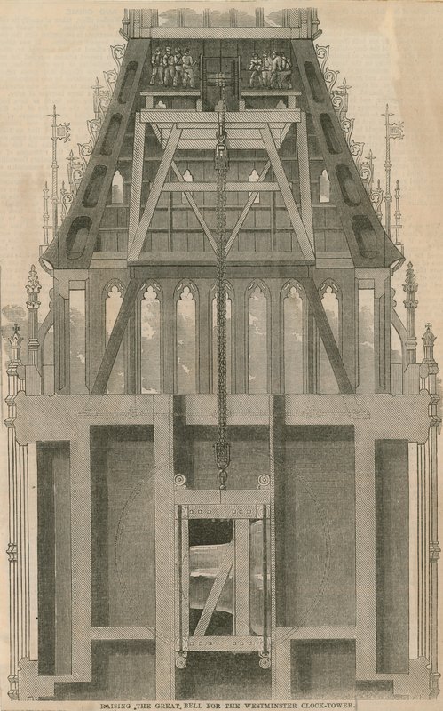 Levantando la gran campana para la Torre del Reloj de Westminster, Londres de English School