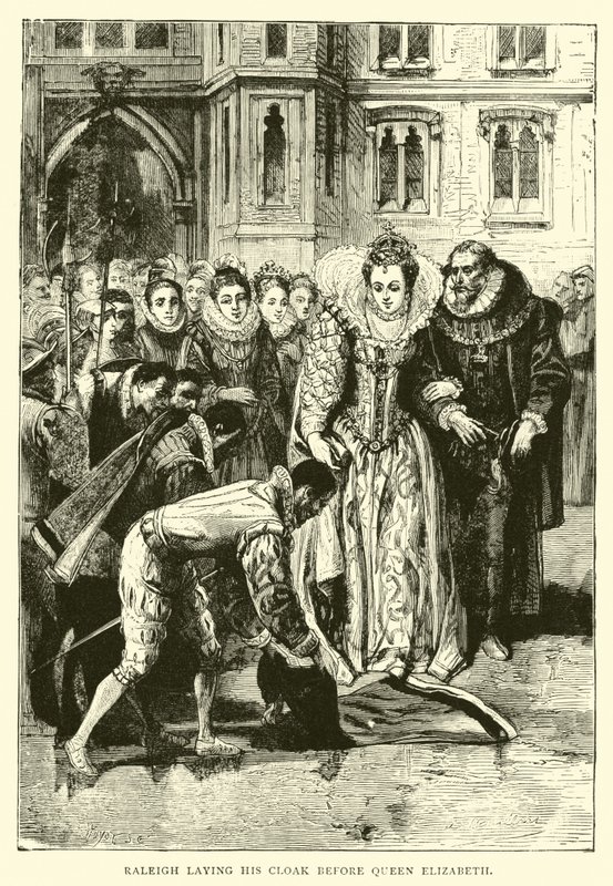 Raleigh colocando su capa ante la reina Isabel de English School