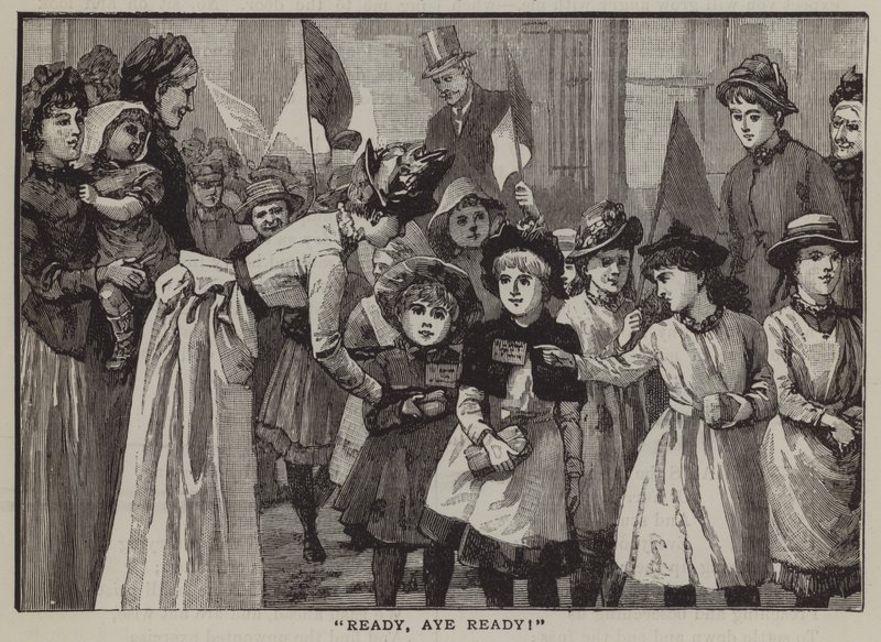 "¡Listos, siempre listos!": un grupo de niños yendo a un viaje de verano al campo (grabado) de English School