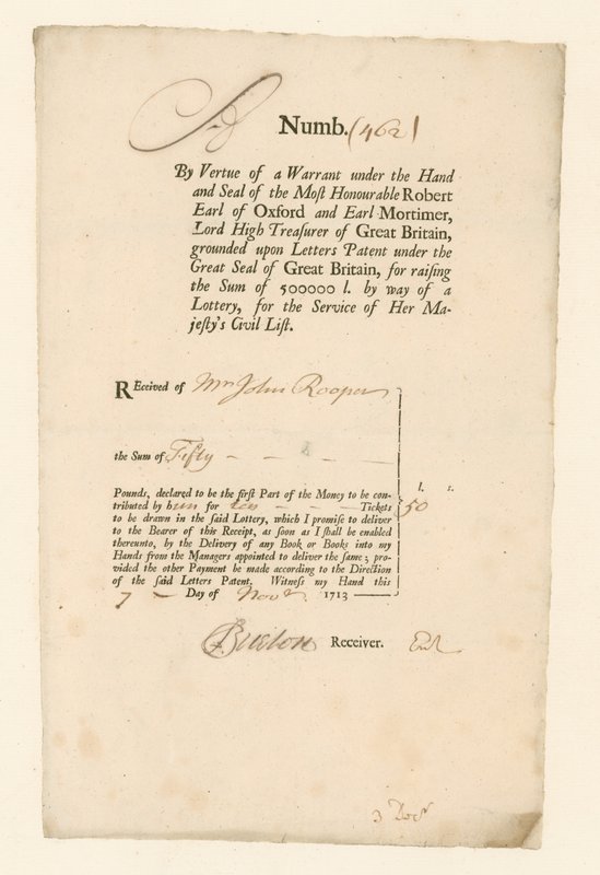 Recibo de la Lotería Civil de 1713 de English School