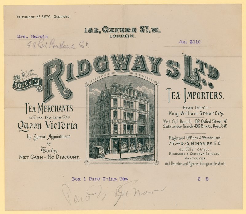 Recibo de Ridgways, importadores de té, 182 Oxford Street, Londres de English School