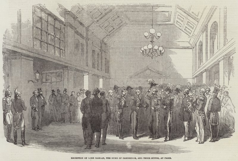Recepción de Lord Raglan, el Duque de Cambridge, y sus Comitivas, en París (grabado) de English School