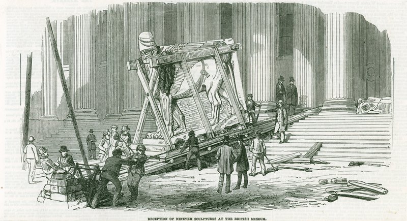 Recepción de las esculturas de Nínive en el Museo Británico (grabado) de English School