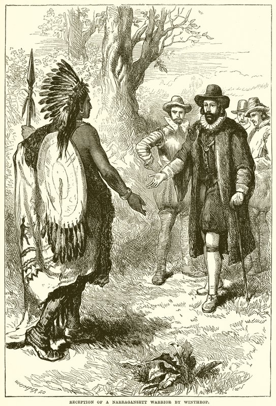 Recepción de un guerrero Narragansett por Winthrop de English School
