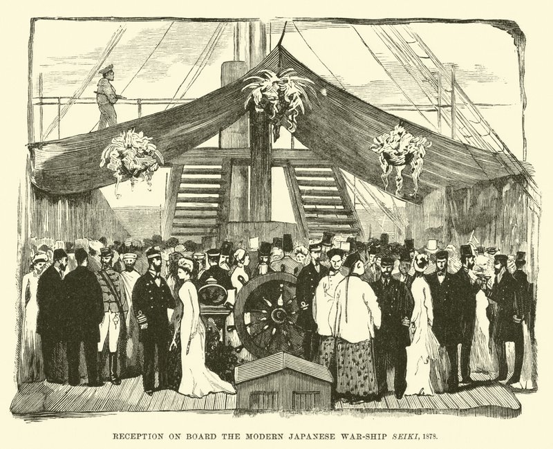 Recepción a bordo del moderno buque de guerra japonés Seiki, 1878 de English School