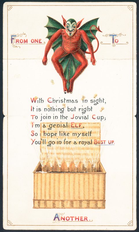 Diablo rojo y cesta de mimbre, tarjeta de Navidad de English School