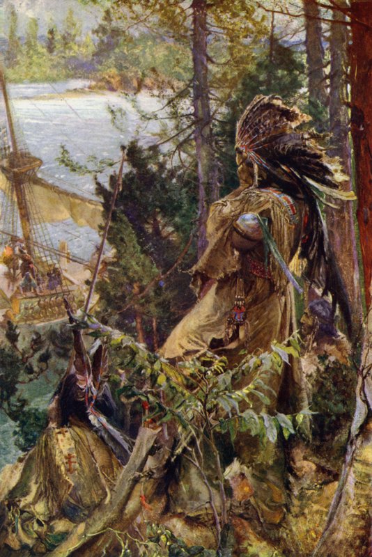 Indios rojos observando la llegada de un barco francés (litografía en color) de English School