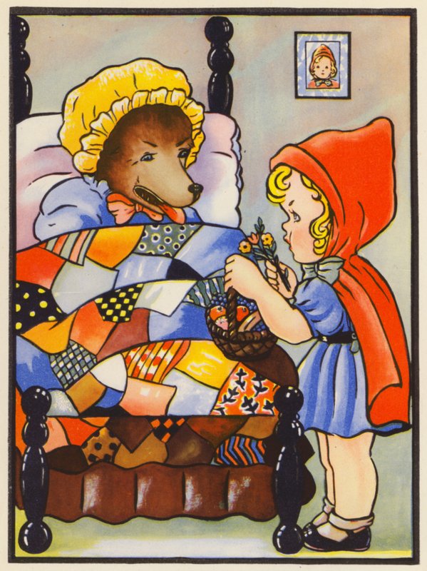 Caperucita Roja cree que el lobo es su abuela (litografía en color) de English School