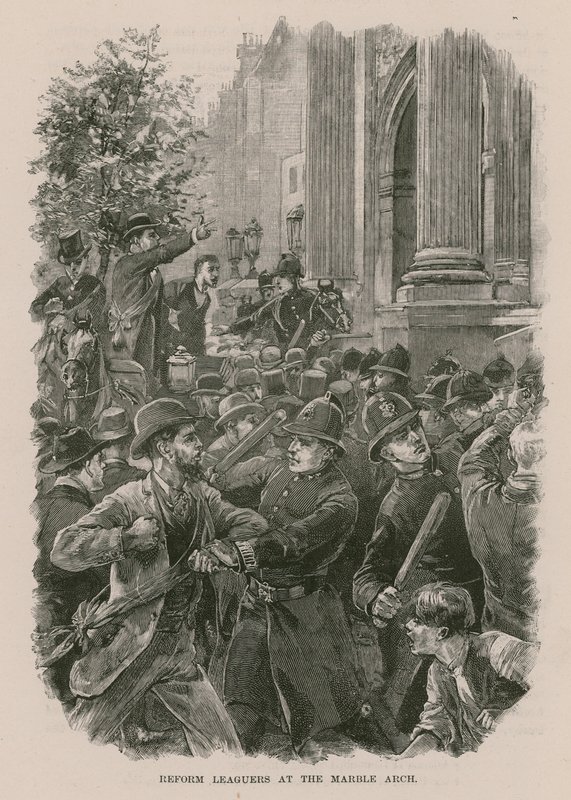 Manifestantes de la Reform League en Marble Arch, Londres (grabado) de English School