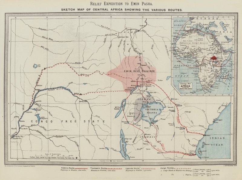 Expedición de Rescate a Emin Pasha, Mapa Esquemático de África Central mostrando las Varias Rutas (litografía en color) de English School