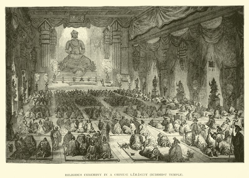 Ceremonia religiosa en un Lamaserio chino, Templo Budista de English School