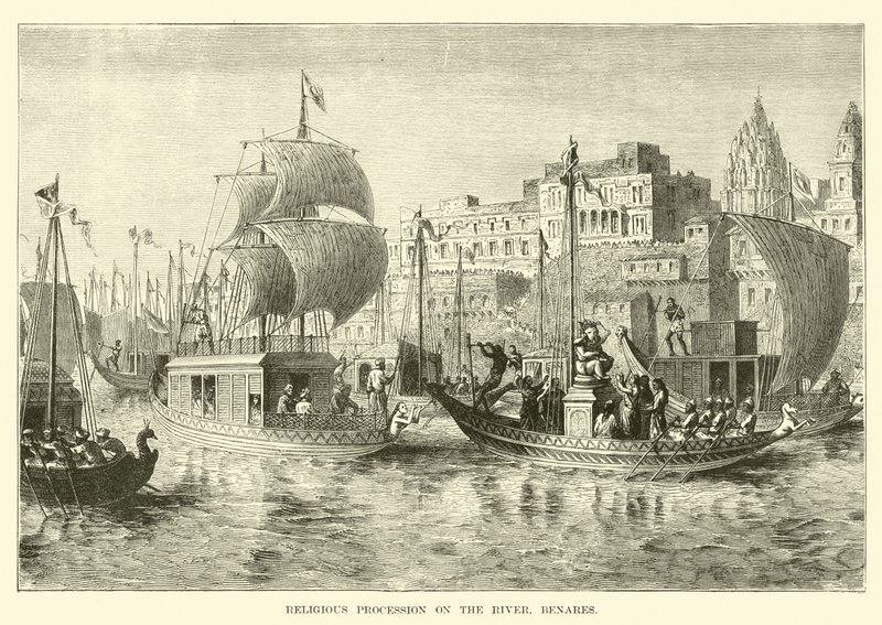 Procesión religiosa en el río, Benarés de English School