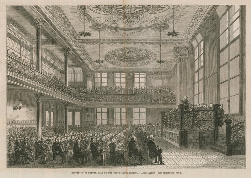 Reapertura de Exeter Hall, Londres, por la Asociación Cristiana de Jóvenes de English School