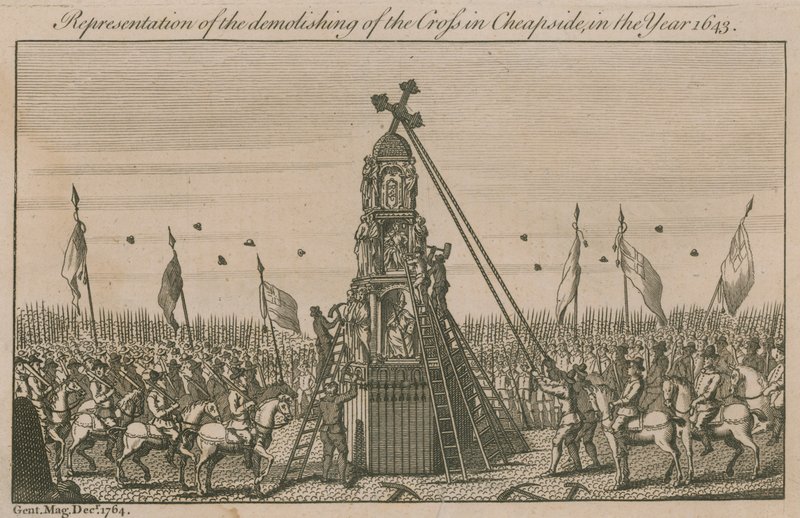Representación de la demolición de la cruz en Cheapside en el año 1643 de English School