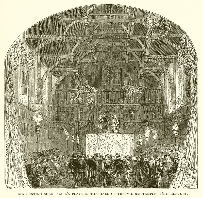 Representación de las obras de Shakespeare en el Salón del Middle Temple, siglo XVI de English School