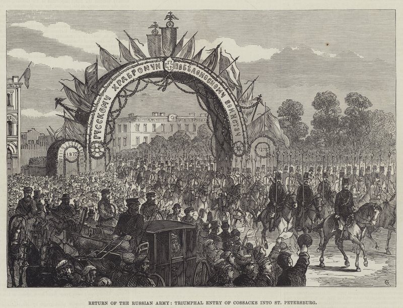 Retorno del Ejército Ruso, Entrada Triunfal de Cosacos en San Petersburgo (grabado) de English School