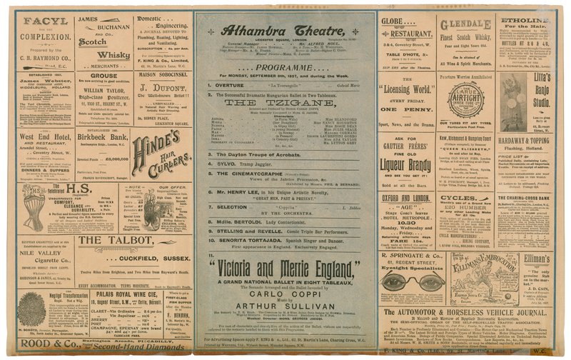 Reverso de un folleto publicitario del Teatro Alhambra de English School
