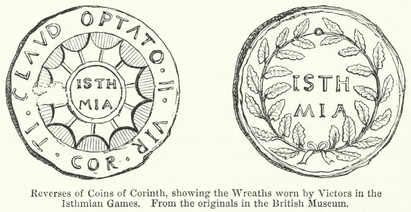Reversos de monedas de Corinto, mostrando las coronas usadas por los vencedores en los Juegos Ístmicos (grabado) de English School