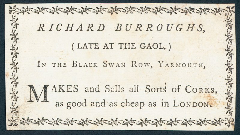 Tarjeta comercial de Richard Burroughs, fabricante y vendedor de corchos de English School