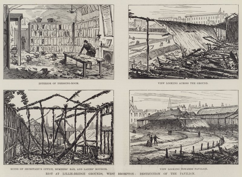 Disturbio en los Terrenos de Lillie-Bridge, West Brompton, Destrucción del Pabellón de English School