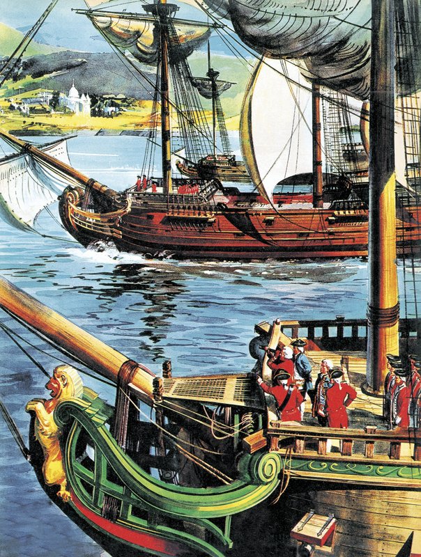 Robert Clive navegando por la Bahía de Bengala hacia la desembocadura del Ganges de English School