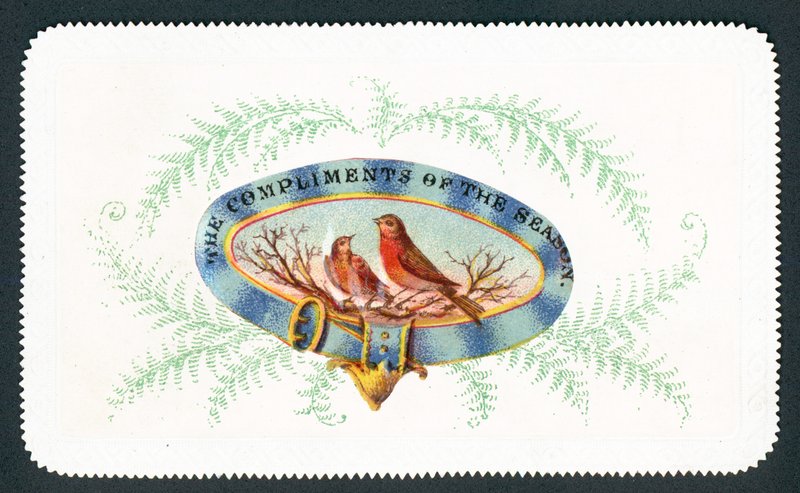 Petirrojos sentados en óvalo con helecho alrededor, Tarjeta de Navidad de English School