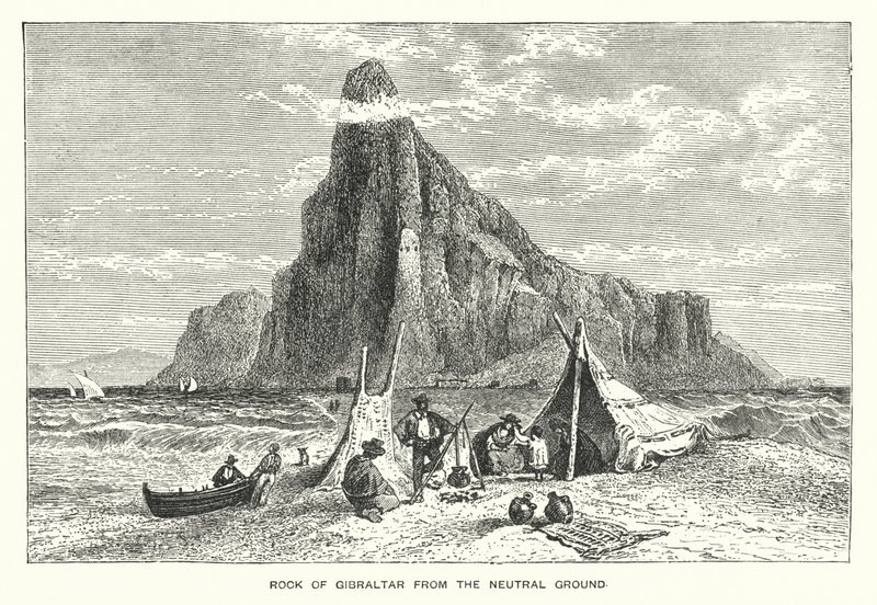Roca de Gibraltar desde el terreno neutral (grabado) de English School