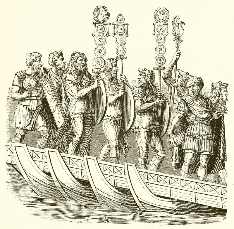 Soldados romanos cruzando un puente de barcos de English School