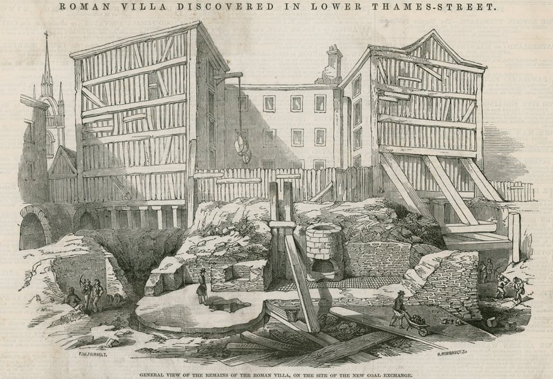 Villa romana descubierta en Lower Thames Street, Londres: Vista general de los restos de la villa romana en el sitio del nuevo Coal Exchange de English School