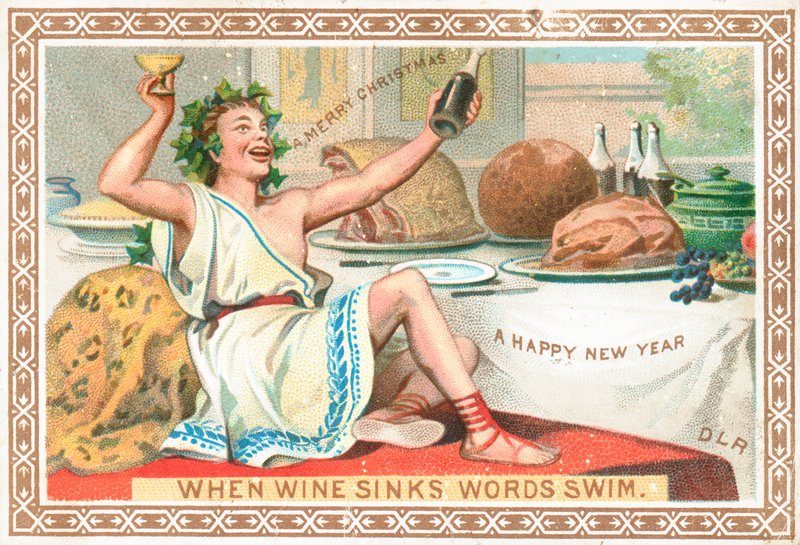 Romano disfrutando de vino y banquete de Navidad, Tarjeta de Navidad de English School