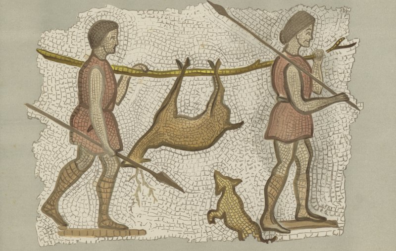 Mosaico romano con dos hombres que transportan un ciervo (litografía en color) de English School
