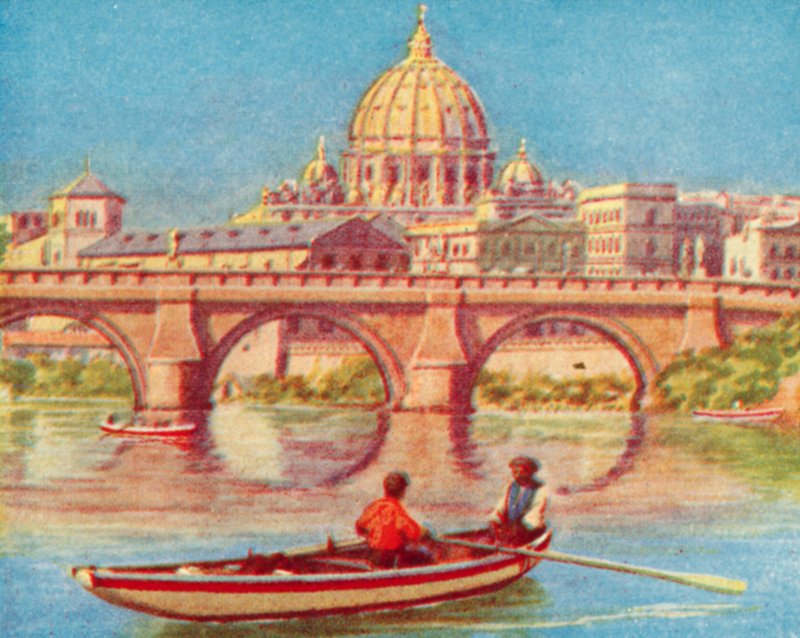 Roma, San Pedro desde el Tíber (litografía en color) de English School