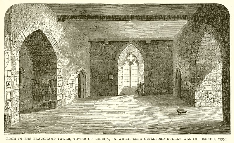 Habitación en la Torre Beauchamp, Torre de Londres, donde fue encarcelado Lord Guildford Dudley, 1554 de English School