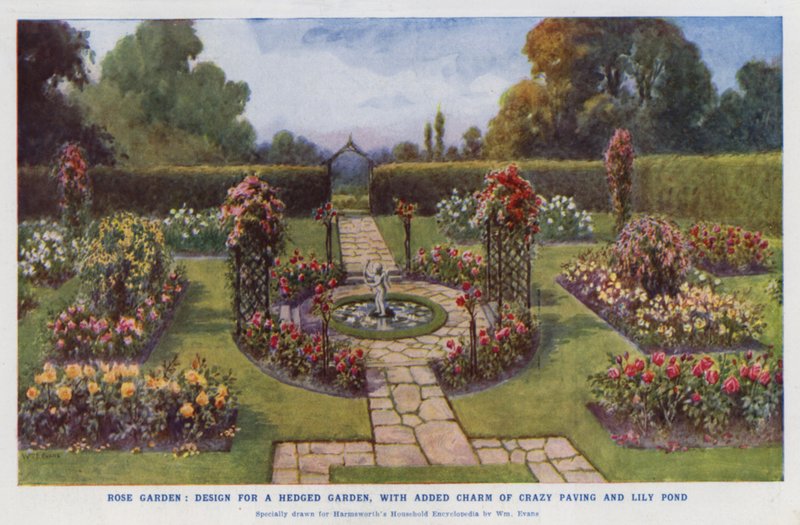 Rosaleda, diseño para un jardín con setos, con el encanto añadido del pavimento loco y el estanque de nenúfares (litografía en color) de English School